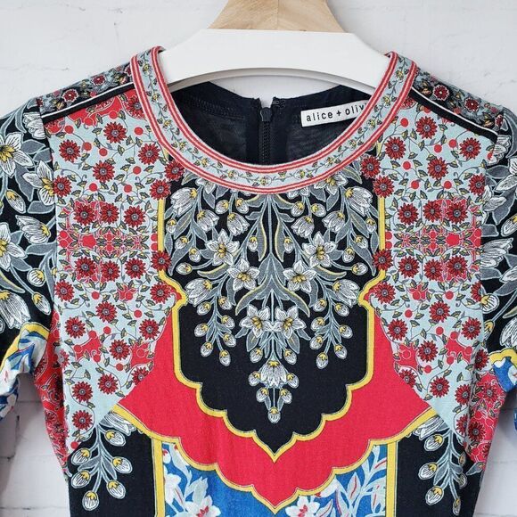 Alice and Olivia Delora Floral Midi Sheath Dress Size 2 Colorful Mosaic Stretch - Picture 6 of 14